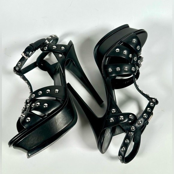 Yves Saint Laurent Black Leather Classic Tribute Studded T-strap Platform Sandal - Picture 9 of 16